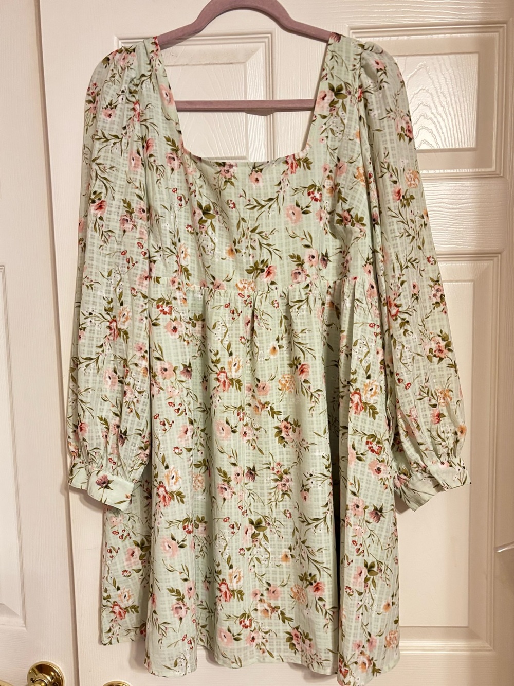 Floral Square-Neck Babydoll Dress - Mint Green with Pink Flowers in XL